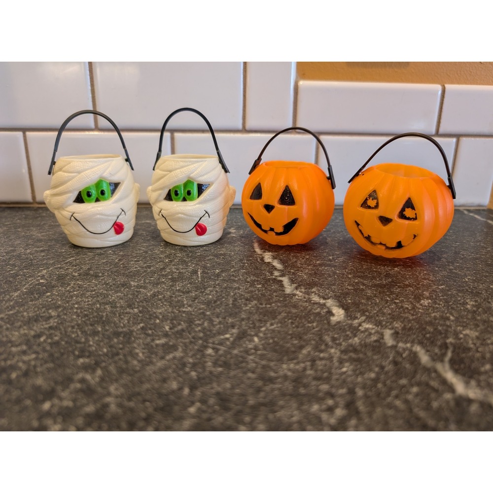 Fun World‎ Mini Halloween Blow Mold Treat Buckets Mummy Pumpkin Set of 4 8804